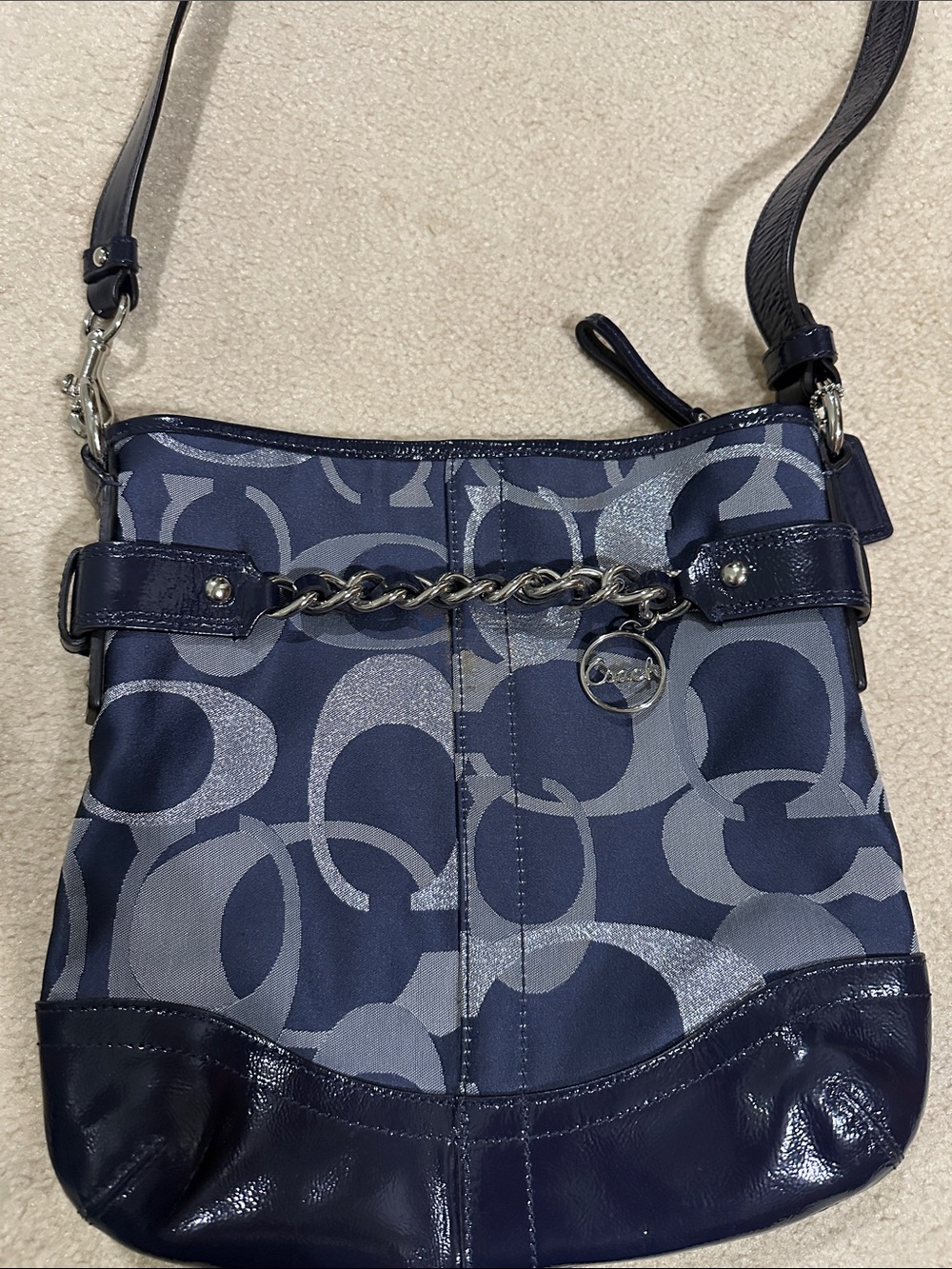 Coach Navy Signature Chain-Accent Crossbody Bag